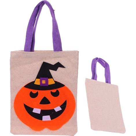 Sac fourre-tout en lin, joli sac de rangement coloré pour décoration d'Halloween, fête, déguisement, chapeau noir, citrouille beige (1/5)