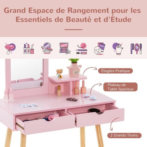 2 en 1 avec Miroir Carré et Tabouret Coiffeuse Enfant Table de Maquillage et Bureau pour Chambre Fille Rose (1/5)