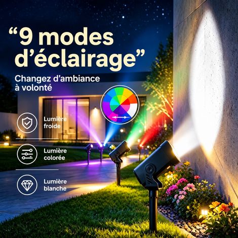 Projecteur Solaire LED d'Extérieur Lumière Colorée Variable et Fixe Spot de Jardin 9 Modes 3.7V 265x118x50 mm 200 g – Livraison gratuite
