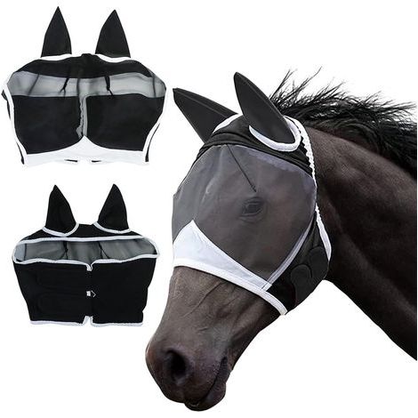 Masque anti-mouches pour chevaux, confortable et extensible au niveau des yeux, avec protection UV contre les moustiques et les insectes, demi-masque anti-mouches avec oreilles pour chevaux - Noir (L) (1/5)