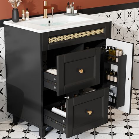 Mueble de baño de pie 76x46x86,5 cm, con lavabo, 2 cajones y 2 puertas, en MDF y cerámica, negro (1/5)