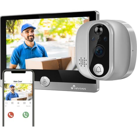 NIVIAN Spioncino Digitale WiFi - Videocamera Full HD con Batteria e Campanello, Audio Bidirezionale, Rilevamento PIR e Visione Notturna App e Controllo da Smartphone (1/5)