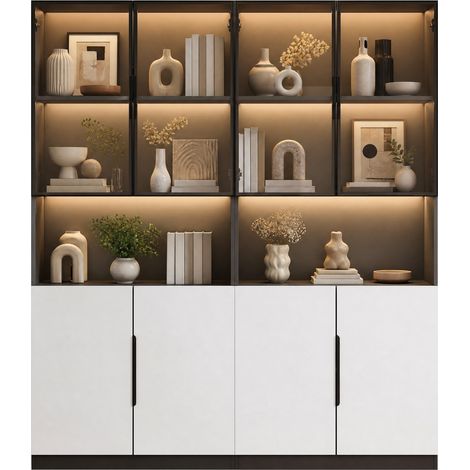 Bibliothèque vitrine avec portes vitrées et LED réglables 160x30x200 cm blanc et noir HOMVRA (1/5)