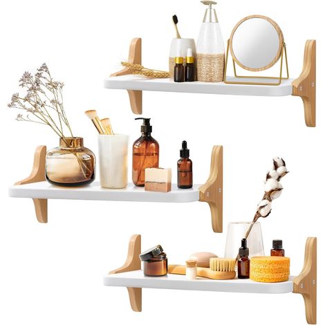 Etagere Murale, Étagère Murale Cuisine Salle de Bain Bois de Pin 40cm Lot de 3, Idéales pour Salon, Chambre à Coucher, Chambre - Blanc (1/5)