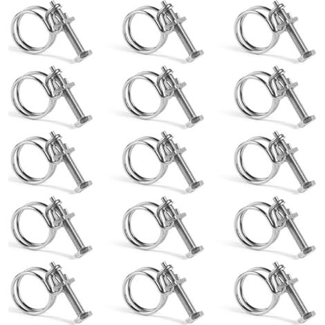 Lot de 15 colliers de serrage à double fil métallique, réglables de 28 à 32 mm, en acier inoxydable 201, pour le serrage de tuyaux. Diamètre du fil : 3 mm. (1/5)
