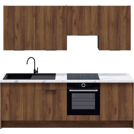 Homifab – Ensemble de 8 meubles de cuisine – Longueur 245 cm – Noyer brun – Évier noir réversible avec robinet – Fabrication française (1/5)