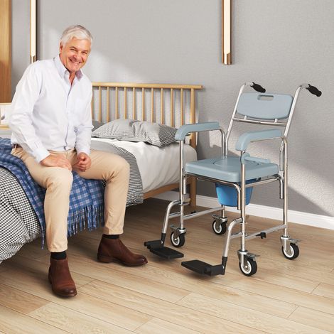 Chaise percée adulte à roulettes, chaise percée de douche avec repose-pieds, dossier et accoudoirs, 53x97x97cm, gris (1/5)