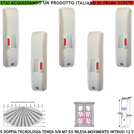 Rilevatore Movimento 5 Doppia Tecnologia Tenda Infrarosso e Microonda Portata 5 MT Antifurto Vano Finestra Balcone Interno Rileva Intrusi Invia Allarme Alim. 12 V Assorb. 10 mA Cover Bianca ABS IP44 (1/4)