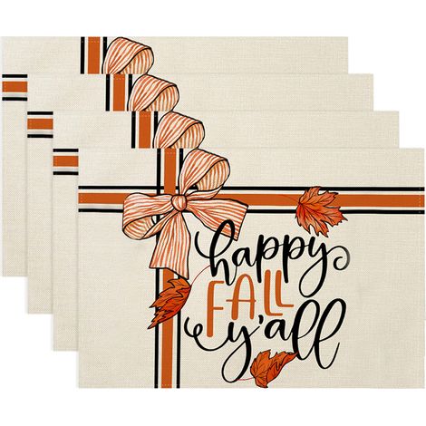Sets de table en jute résistant aux taches, ornés de citrouilles et de feuilles d'eucalyptus, pour Thanksgiving (1/4)