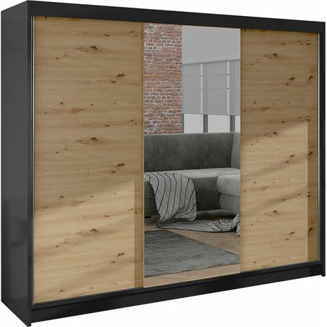 Armario Closico 158, Negro + Roble Artisan, 215x200x58cm, Puertas de armario: Correderas, Número de estantes: 9