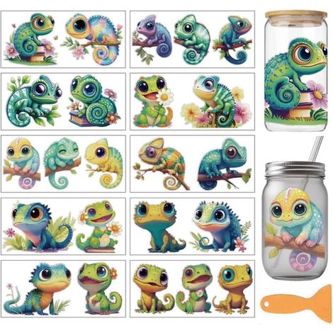 10 pièces mignon chaméléon thème PVC tasse de transfert autocollants, dessin animé chaméléon lézard motif UV imperméable tasse autocollant pour 16 oz lunettes fenêtre décoration 24x11cm
