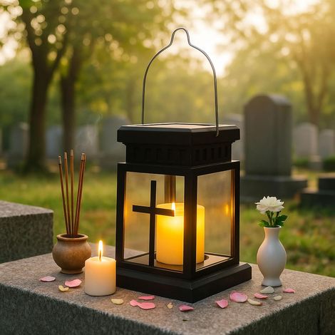 1 Lanterne funéraire solaire, plastique noir, LED clignotante, pour cimetière et tombe (1/5)