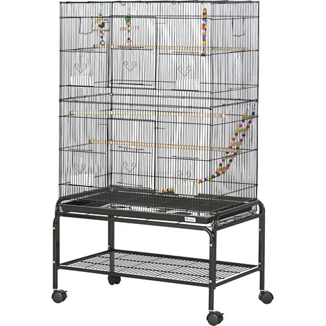 Schwarzer Vogelkäfig auf Rädern, 79x49x133 cm, mit 4 Futterstellen und 3 Sitzstangen