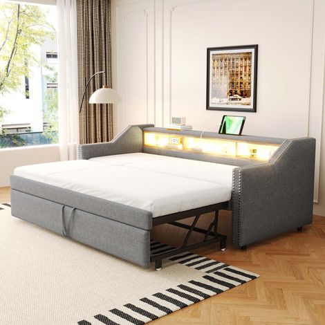 Lit banquette extensible 90/180x190 cm gris clair en lin, LED, USB, 3 rangements latéraux, sommier 30 lattes en bois inclus, sans matelas (1/5)