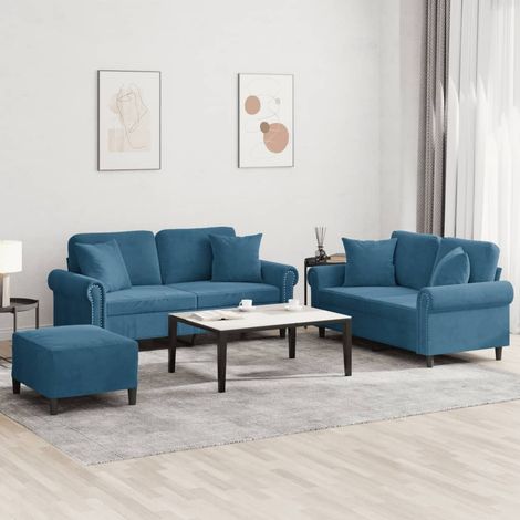 3-tlg. Sofagarnitur mit Kissen Blau Samt
