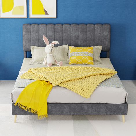 Cama tapizada de tela gris y metal 140x200 cm, cabecero suave, montaje sencillo