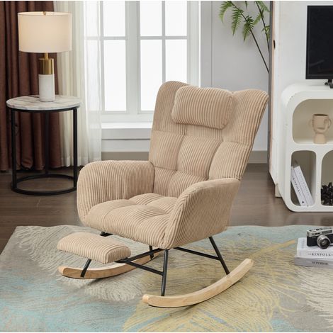Sillón balancín de pana marrón, respaldo alto, con cojín cervical DESVIAE (1/5)