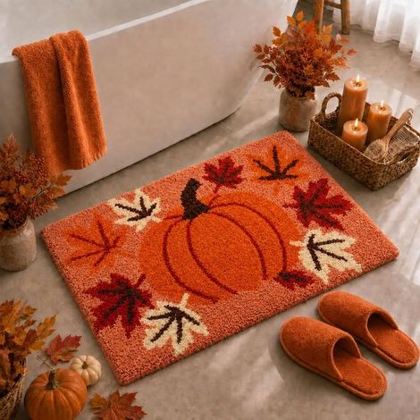 Tapis de bain - 61 × 43 cm - Tapis antidérapant - Tapis de bain à motif automnal - Motifs de citrouilles et de feuilles d'automne - Lavable en machine - Convient pour les sols de la chambre, de la cui (1/5)