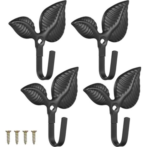 Ensemble de 4 patères murales en fer forgé, style vintage, en métal, à motifs de feuilles, pour manteaux, chapeaux, sacs, serviettes, entrée, cuisine, salle de bain (1/5)