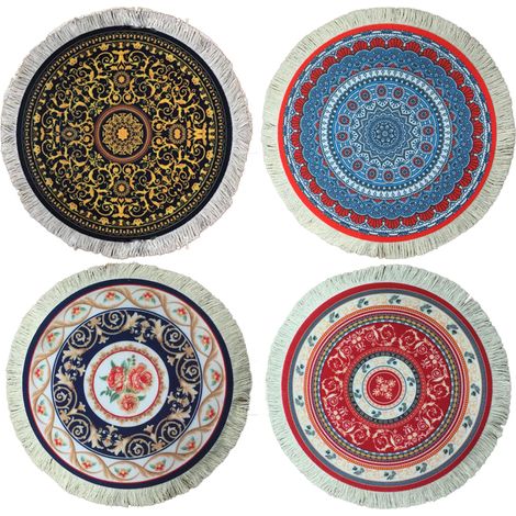 Sous-verre Tapis Rond - Design Oriental - Dos en Caoutchouc Antidérapant - Absorbant - Lot de 4 (1/5)