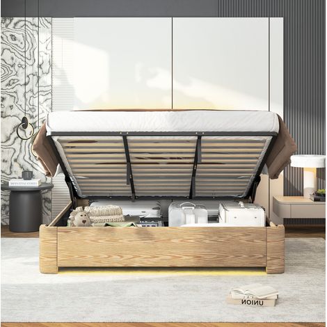 Cama con almacenaje elevable y LED 180 x 200 cm beige cuero y pana OKWISH (1/5)