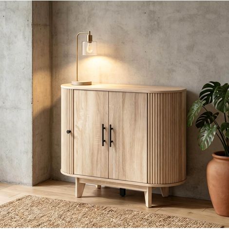 Madia ovale in MDF naturale e nero, 90 x 40 x 76 cm, con ripiano regolabile HAVRYA (1/4)