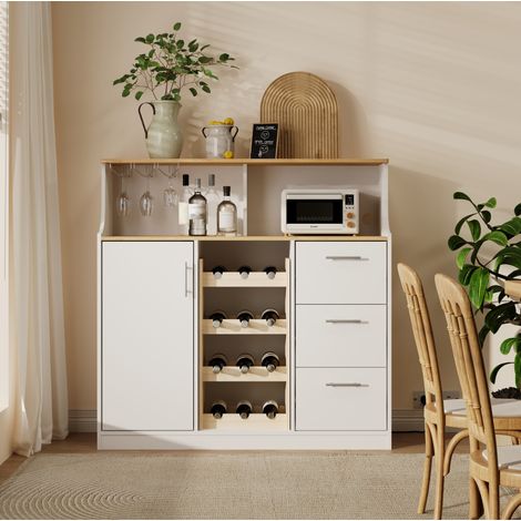 Sideboard mit LED, Steckdose, Glashalter und Flaschenregal, 120 x 40 x 121 cm, weiß/natur (1/5)