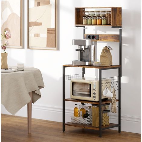 Scaffale da cucina 60 x 42 x 153 cm in marrone rustico con 2 prese, 5 ganci e ripiani regolabili (1/5)