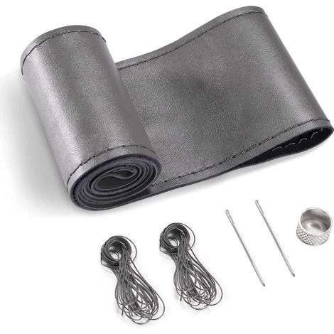 Lenkradabdeckung aus Echtleder zum Aufnähen für 37-39 cm Lenkräder, Grau (1/4)