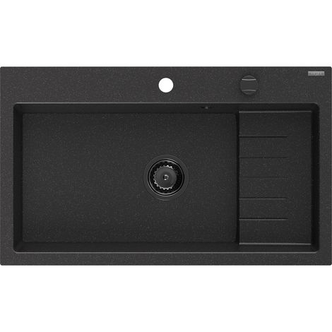 Mexen Omar fregadero de granito de 1 cuba 800 x 480 mm, negro/plateado metálico, sifón negro - 6520801005-73-B (1/5)