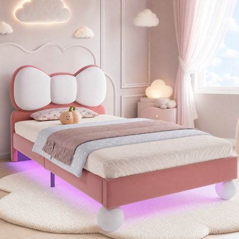 MEUBLIV letto 90x200 cm rosa con testiera a farfalla, LED sottoletto, senza materasso (1/5)