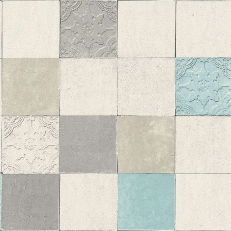Küchen Bad Tapete Profhome 374061 Vliestapete leicht strukturiert mit Kachelmuster matt grau blau creme 5,33 m2