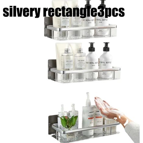 (Silver-B3PCS) Étagère murale rectangulaire pour salle de bain, porte-serviettes, porte-shampoing mural, support trépied sans perçage. (1/5)