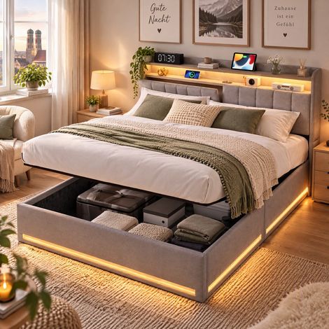 Letto contenitore 140x200cm,letto matrimoniale 140x200cm con LED regolabile e ricarica USB,Letto matrimoniale contenitore,letto 140x200cm,velluto, grigio (1/5)