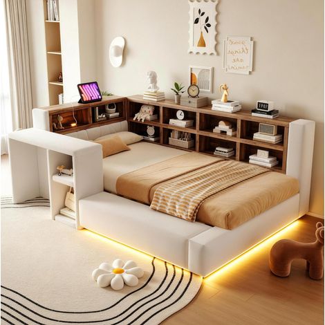 Letto per bambini 90x200 cm con contenitore multistrato, illuminazione a LED, prese integrate, ripiano, tessuto di rivestimento - beige (1/5)