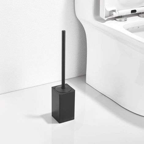 Ensemble de brosses de toilette verticales carrées en acier inoxydable noir avec couvercle (socle de rangement inclus) (1/5)