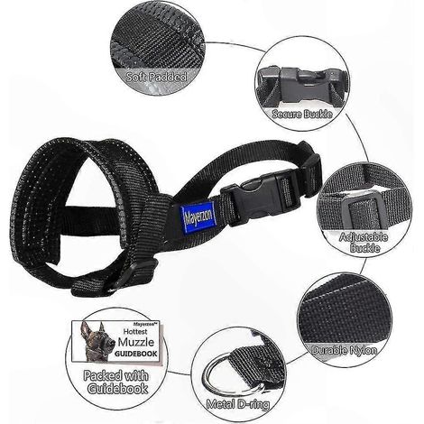 Muselière chien réglable en nylon noir XL, confortable et douce pour dressage, anti-morsure anti-aboiement, contrôle de la mâchoire, ajustable taille XL, idéale éducation canine. (1/4)