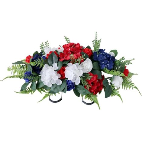 Fleurs Artificielles pour Cimetière Composition de Fleurs Commémoratives Résistantes aux Intempéries Décoration de Tombe en Plastique Réaliste Rouge Blanc Bleu Usage Extérieur