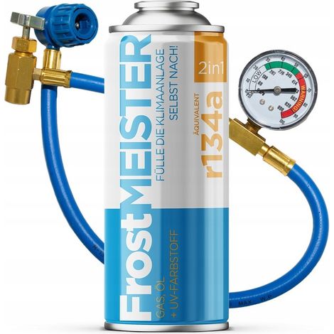 Frostmeister kit de recharge climatisation 2 en 1 – Aérosol 400ml avec tuyau manomètre R134a – Entretien rapide et efficace