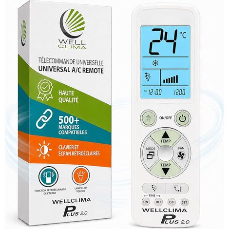 Plus 2.0 – Télécommande Universelle pour climatiseur avec la Plus Large compatibilité du marché, Clavier et écran rétroéclairés, Lampe Torche LED, Assistance directe (1/5)
