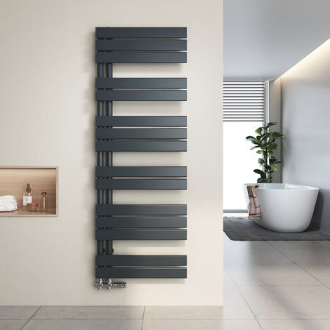 Heilmetz Radiador toallero de agua caliente 138,5 x 50 cm, 661 W, Antracita, Diseño asimétrico, Tubos planos, Conexión lateral