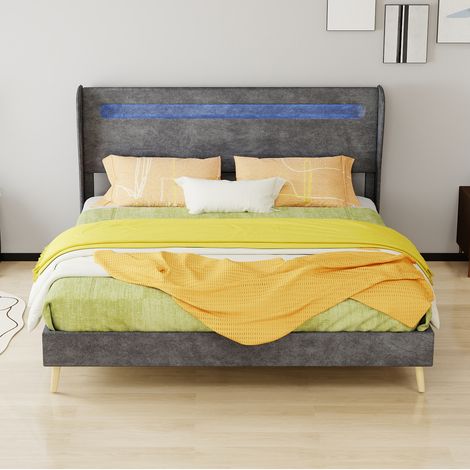Lit tapissé 160/200 cm gris en tissu et métal à tête de lit réglable avec éclairage LED (1/5)