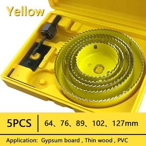 5PCS 64-127mm ensemble de scie cloche scie tasse bois couronne foret pour panneau de gypse bois PVC plastique densité panneau métal outils de travail du bois - Jaune (1/5)