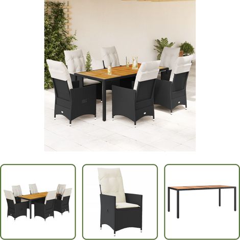 Gartentisch -  7-tlg. Garten-Essgruppe mit Kissen Schwarz Poly Rattan (1/5)
