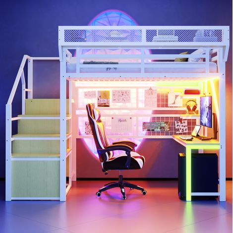 lit adulte mezzanine bureau rangement 140x200 blanc OKMYHOME (1/5)