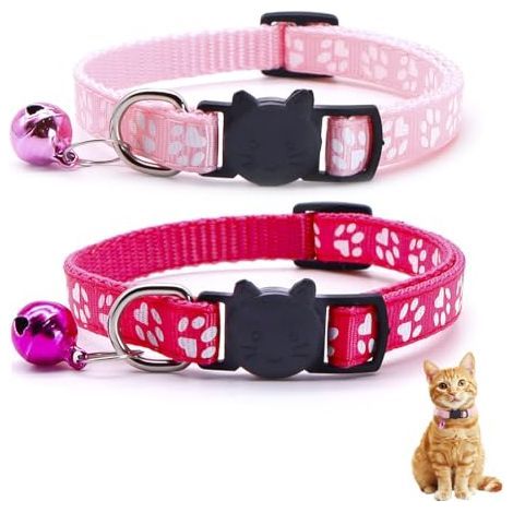 2-teiliges, verstellbares Katzenhalsband mit Glöckchen und Sicherheitsverschluss, für Kätzchen und Welpen, geeignet für alle Hauskatzen, Halsband (Rosa + Rot) (1/5)