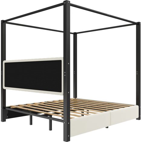 Lit à baldaquin rembourré 180 x 200 cm, cadre métal, beige et noir, HOMVRA (1/5)