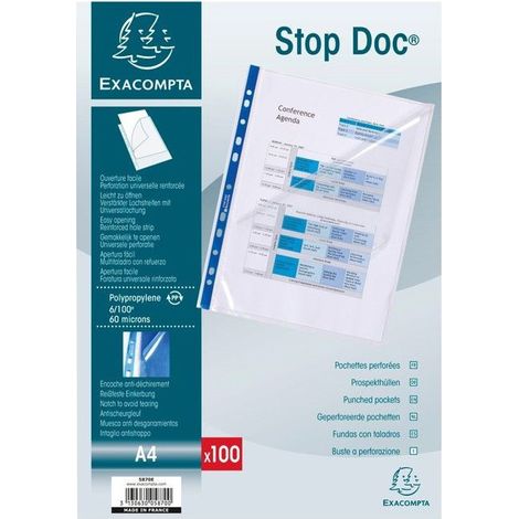 Pochettes perforées - Stop doc - A4 - 100 unités - Polypropylène lisse - Transparent et bleu