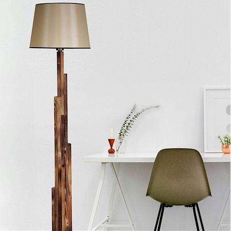 Lampadaire salon en bois sculpté abat-jour beige ANZIO (1/3)