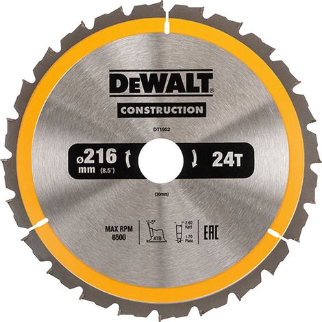 DeWALT DT1952 Stationary Construction Circular Saw Blade 216 x 30mm x 24T